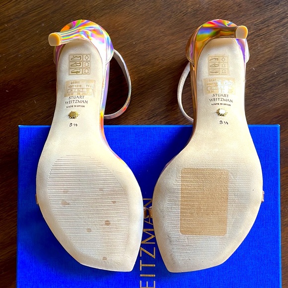 Stuart Weitzman 8.5 Nudistcurve Rose Gold Hologram 4” Heel Sandal